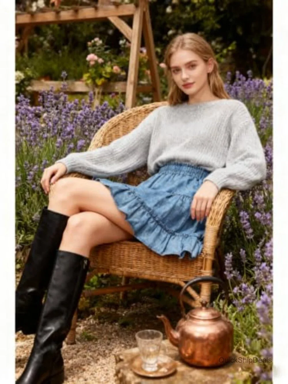 Women's Flared Cotton Mini Skirt with Ruffle Hem High Waist A-Line